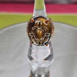 Genuine Oval Cut Tigers Eye Gemstone Statement Ring